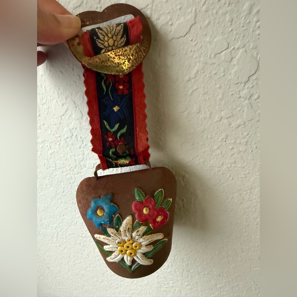 Antique vintage handpainted Swiss cow bell - good luck.  1960s. Farmhouse style